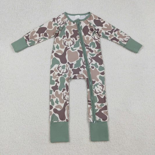 LR2582 Brown Camo Print Baby Boys Fall Zipper Sleeper Romper
