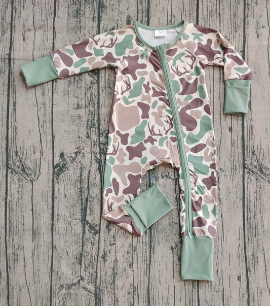 (Pre-order)LR2582 Brown Camo Print Baby Boys Fall Zipper Sleeper Romper