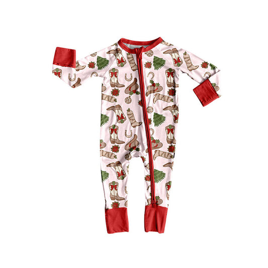 (Pre-order)LR2584 Boots Hat Holly Print Baby Girls Christmas Zipper Sleeper Romper