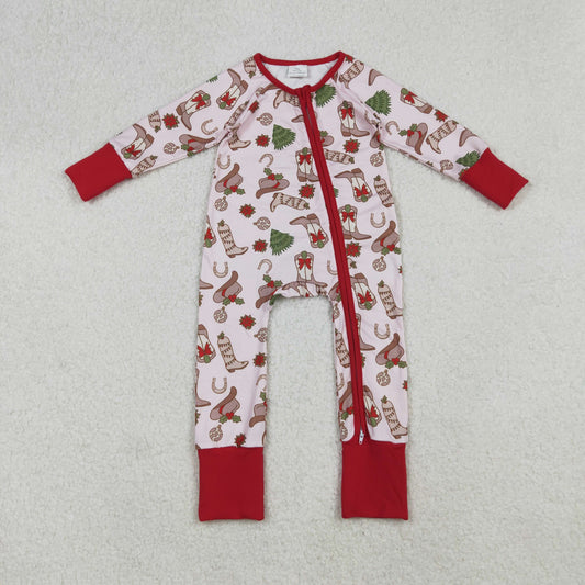 LR2584 Boots Hat Holly Print Baby Girls Christmas Zipper Sleeper Romper