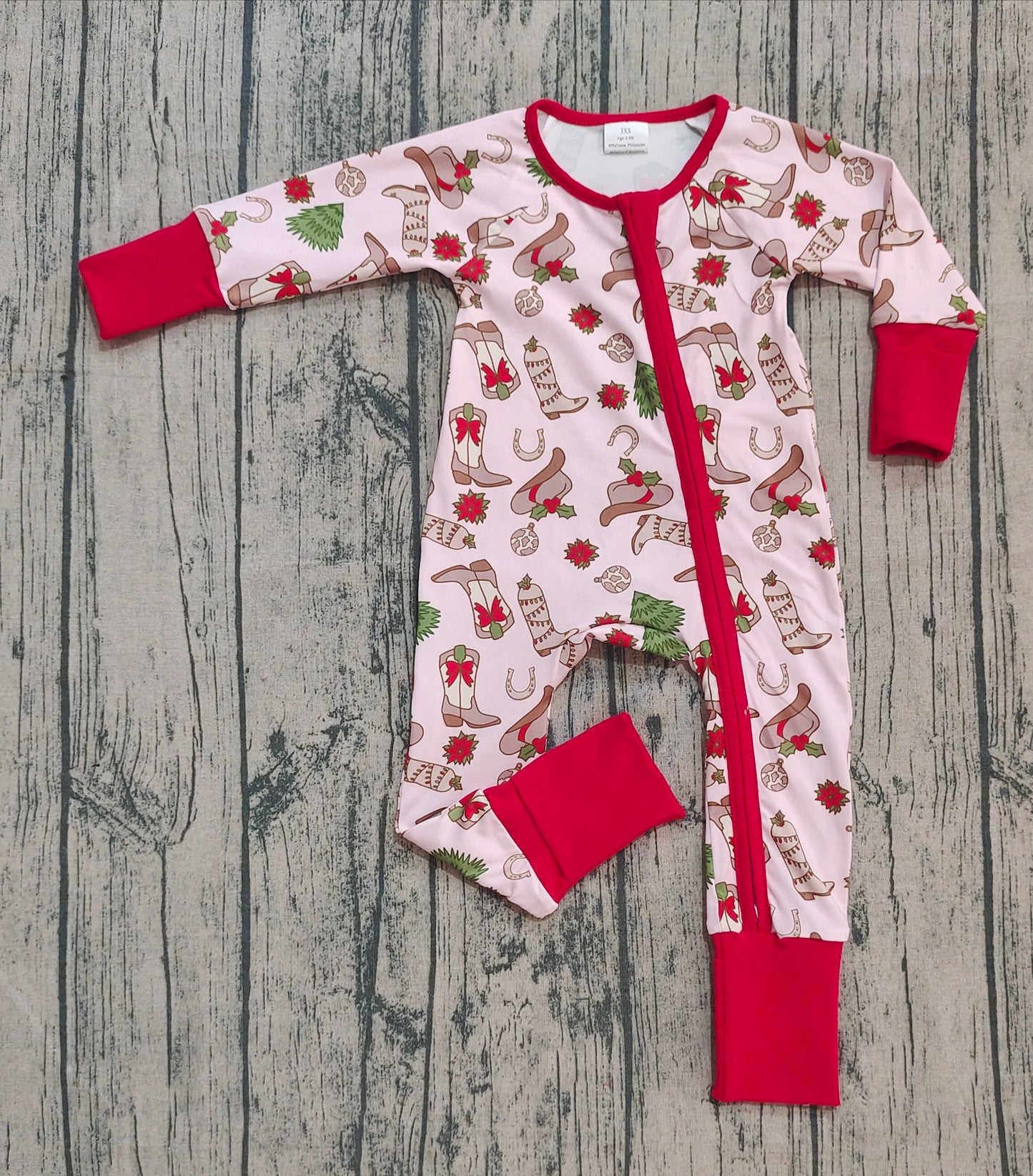 (Pre-order)LR2584 Boots Hat Holly Print Baby Girls Christmas Zipper Sleeper Romper