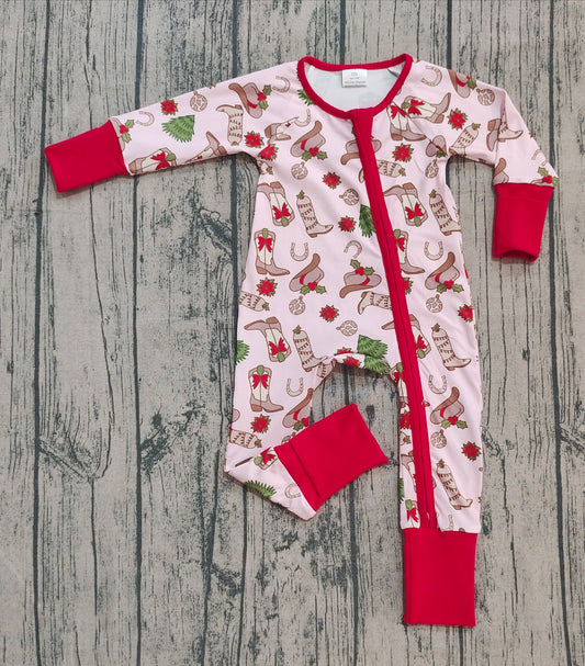 (Pre-order)LR2584 Boots Hat Holly Print Baby Girls Christmas Zipper Sleeper Romper