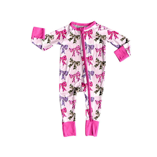 (Pre-order)LR2585 HOWDY Hot Pink Bows Print Baby Girls Western Zipper Sleeper Romper