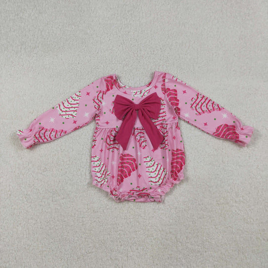LR2586 Debbie Cake Pink Print Baby Girls Christmas Bow Romper