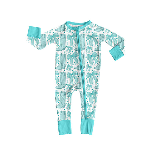 (Pre-order)LR2587 Blue Bows Boots Print Baby Girls Fall Zipper Sleeper Romper