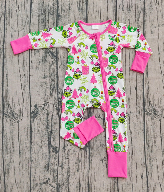 (Pre-order)LR2588 Green Frog Lights Print Baby Girls Christmas Zipper Sleeper Romper