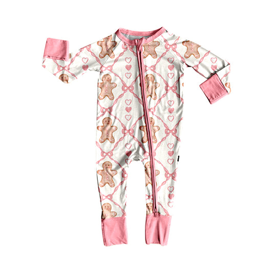 (Pre-order)LR2589 Gingerbread Bows Print Baby Girls Christmas Zipper Sleeper Romper