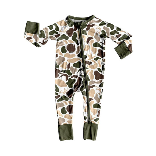 (Pre-order)LR2590 Brown Camo Print Baby Fall Zipper Sleeper Romper
