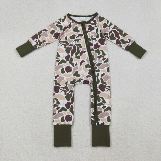LR2590 Dog Duck Deer Camo Print Baby Fall Zipper Sleeper Romper
