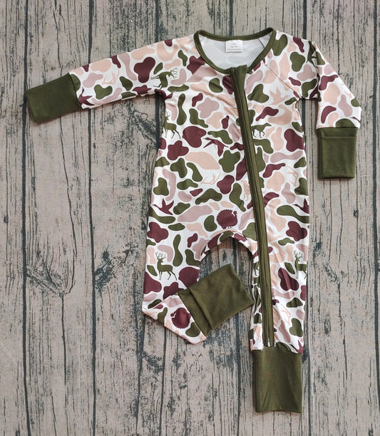 (Pre-order)LR2590 Brown Camo Print Baby Fall Zipper Sleeper Romper