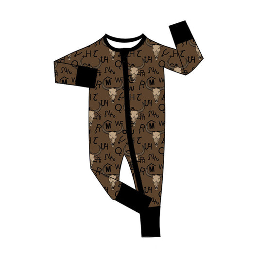 (Pre-order)LR2591 Wild Cow Skull Print Baby Boys Western Fall Zipper Sleeper Romper