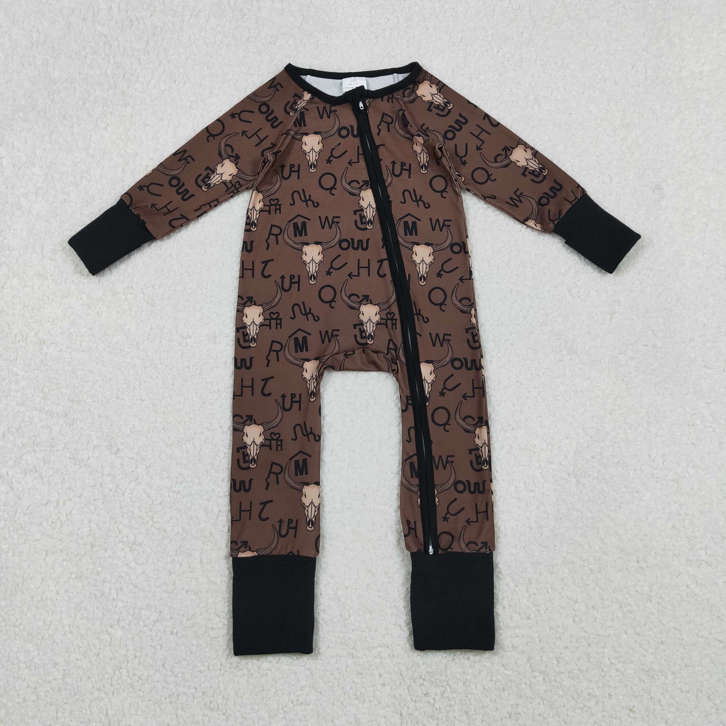 LR2591 Wild Cow Skull Brown Print Baby Boys Western Fall Zipper Sleeper Romper