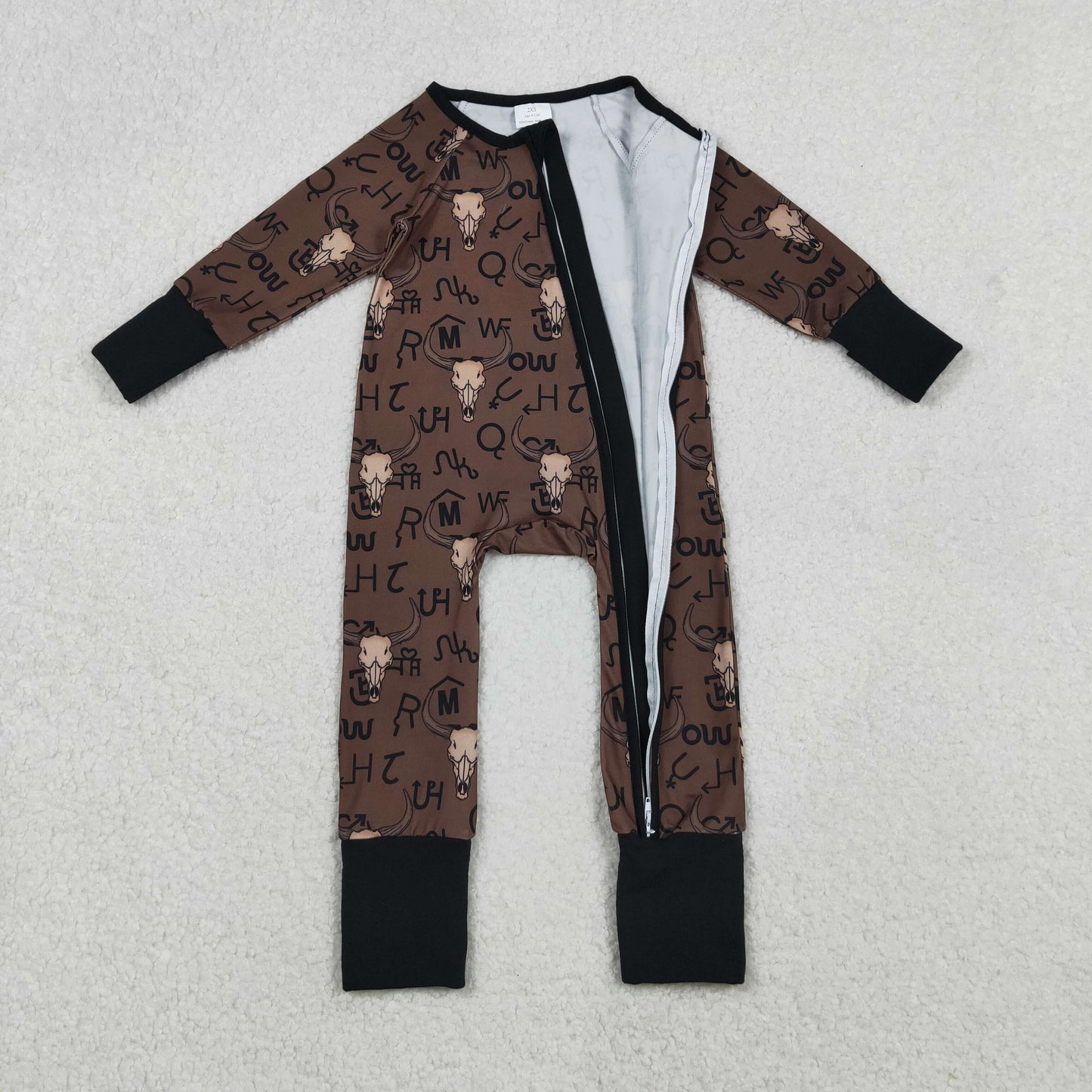 LR2591 Wild Cow Skull Brown Print Baby Boys Western Fall Zipper Sleeper Romper