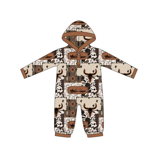 (Pre-order)LR2592 Aztec Skull Print Baby Boys Western Fall Hoodie Romper