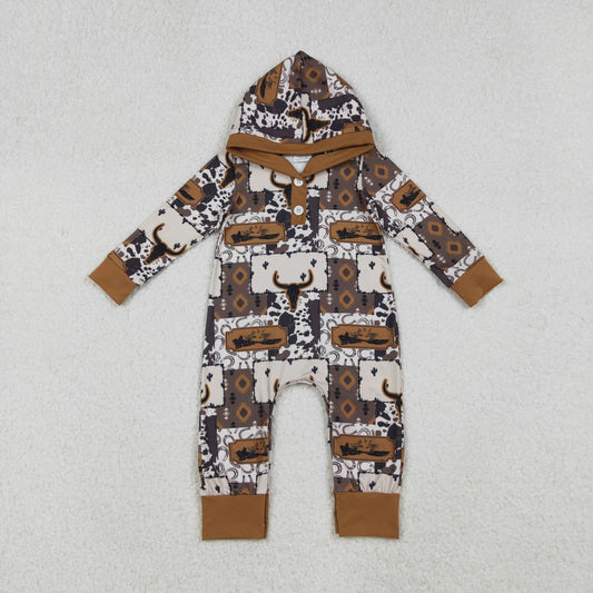 LR2592 Aztec Skull Print Baby Boys Western Fall Hoodie Romper