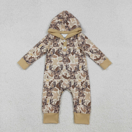 LR2593 Deer Brown Camo Print Baby Boys Fall Hunting Hoodie Romper