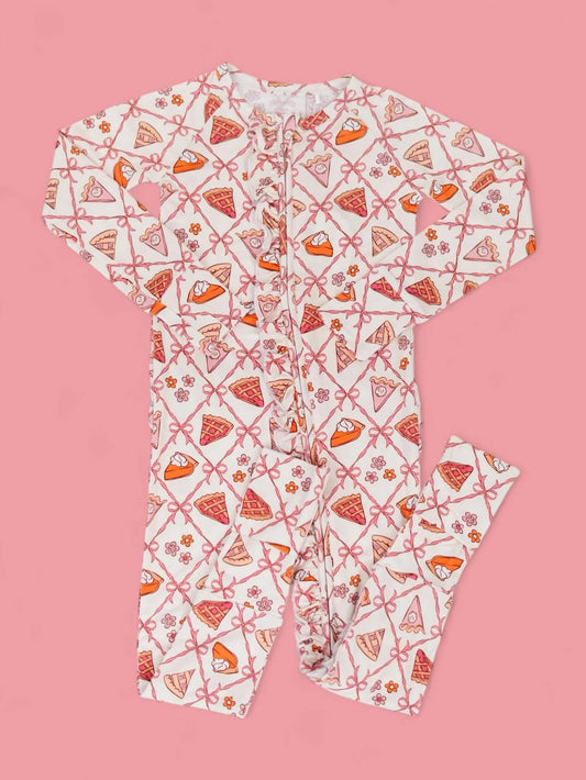 (Pre-order)LR2594 Pie Flowers Bows Print Baby Girls Fall Zipper Sleeper Romper