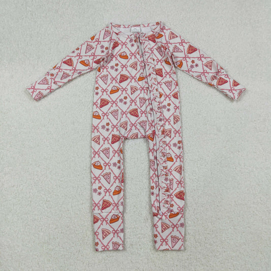 LR2594 Pie Flowers Bows Print Baby Girls Fall Zipper Sleeper Romper