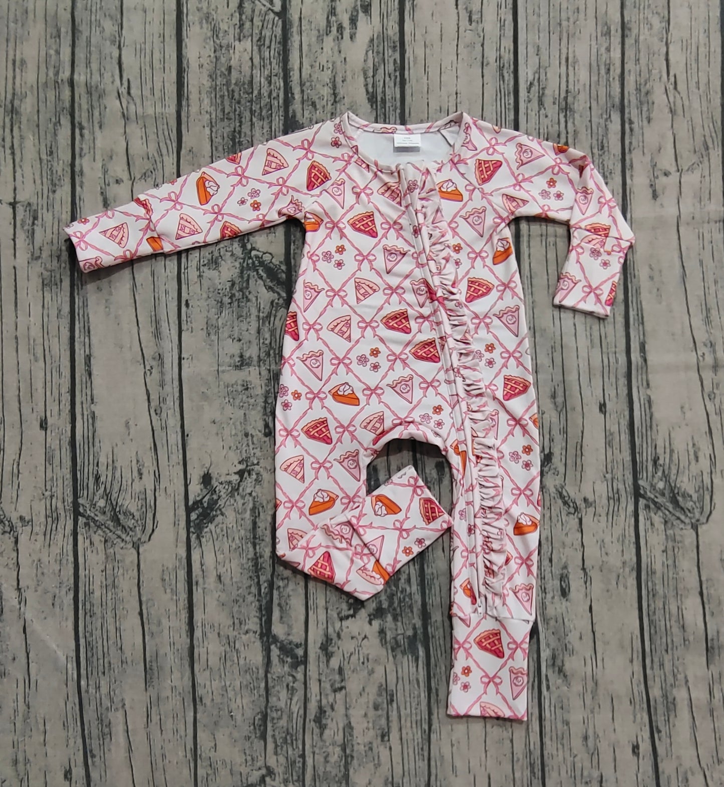 (Pre-order)LR2594 Pie Flowers Bows Print Baby Girls Fall Zipper Sleeper Romper