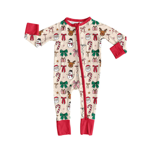 (Pre-order)LR2595 Santa Bows Print Baby Girls Christmas Zipper Sleeper Romper