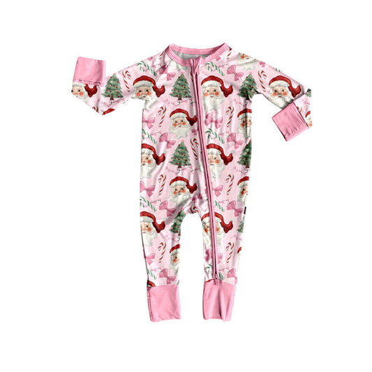 (Pre-order)LR2597 Santa Pink Bows Print Baby Girls Christmas Zipper Sleeper Romper