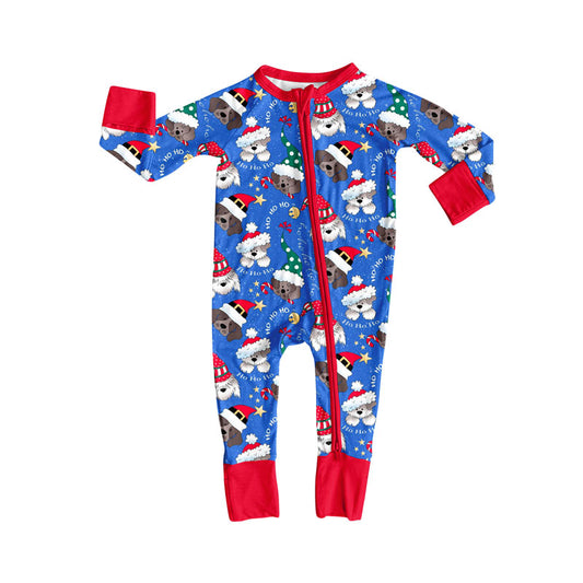 (Pre-order)LR2600 Dog Blue HOHOHO Print Baby Boys Christmas Zipper Sleeper Romper