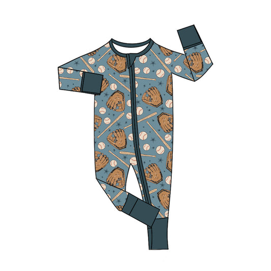(Pre-order)LR2605 Baseball Print Baby Boys Fall Zipper Sleeper Romper