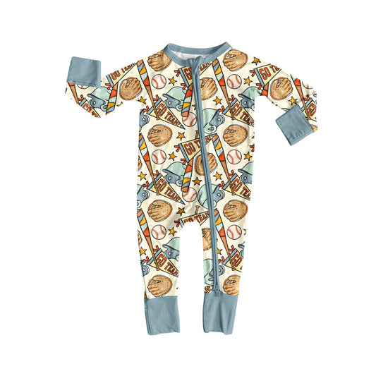 (Pre-order)LR2606 Go Team Baseball Print Baby Boys Fall Zipper Sleeper Romper