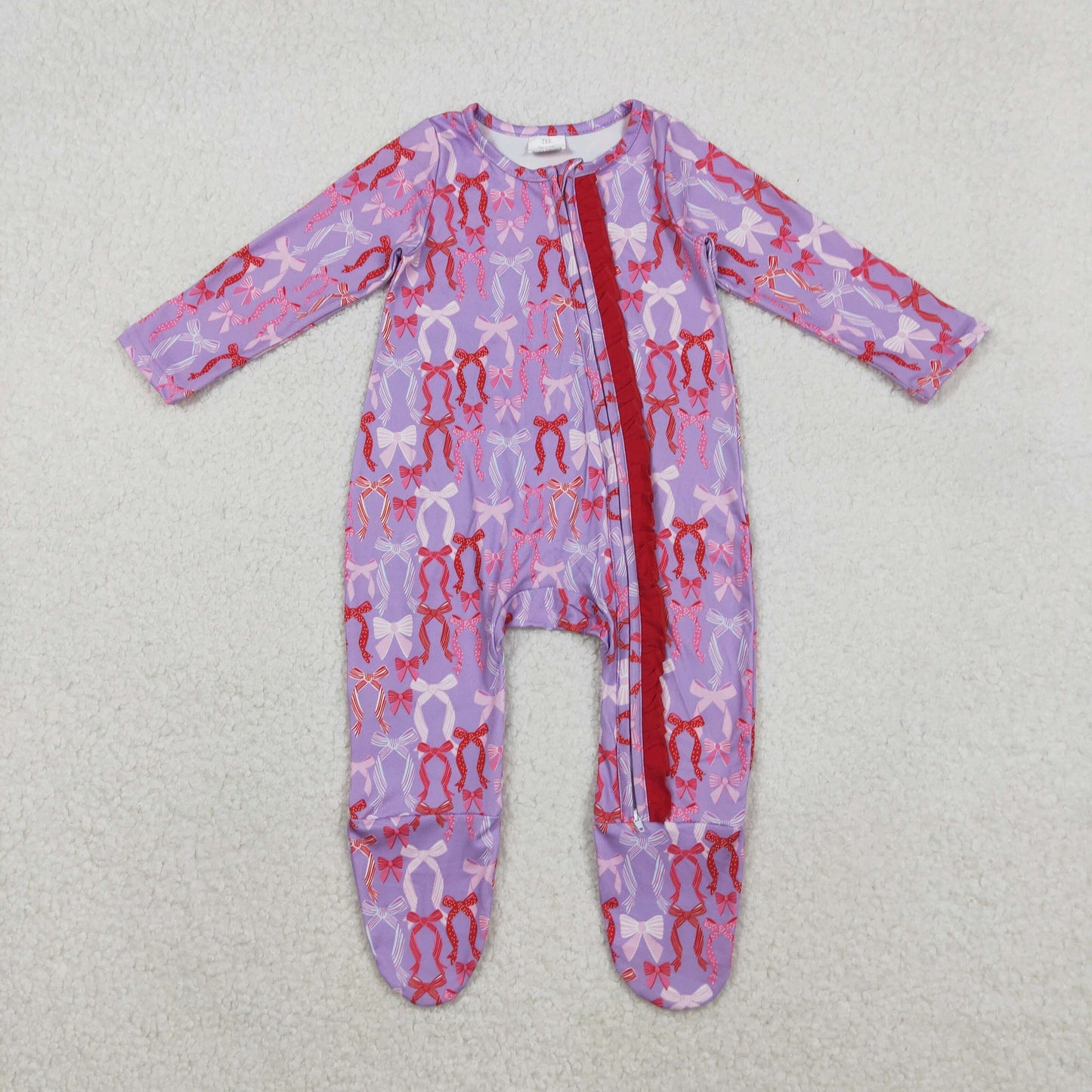 LR2610 Pink Purple Bows Print Baby Girls Fall Zipper Sleeper Footed Romper