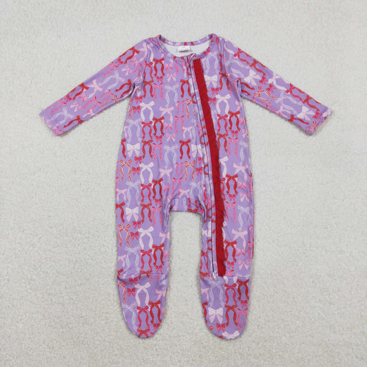 LR2610 Pink Purple Bows Print Baby Girls Fall Zipper Sleeper Footed Romper