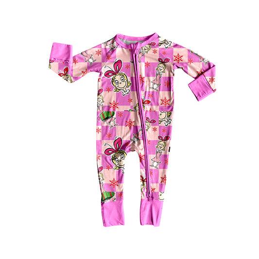 (Pre-order)LR2611 Cartoon Characters Pink Plaid Print Baby Girls Christmas Zipper Sleeper Romper