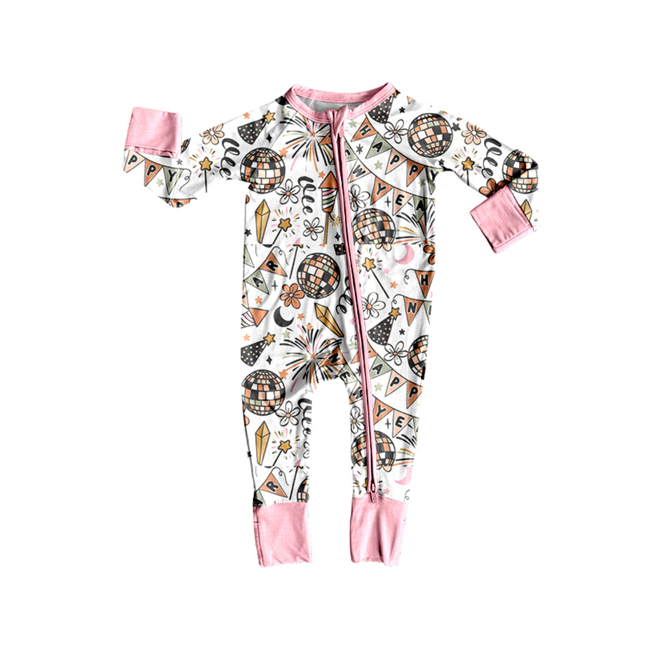(Pre-order)LR2612 Happy New Year Flowers Print Baby Girls Zipper Sleeper Romper