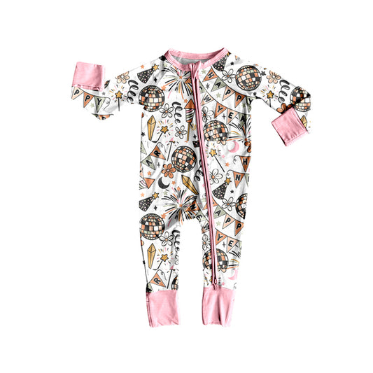 (Pre-order)LR2612 Happy New Year Flowers Print Baby Girls Zipper Sleeper Romper