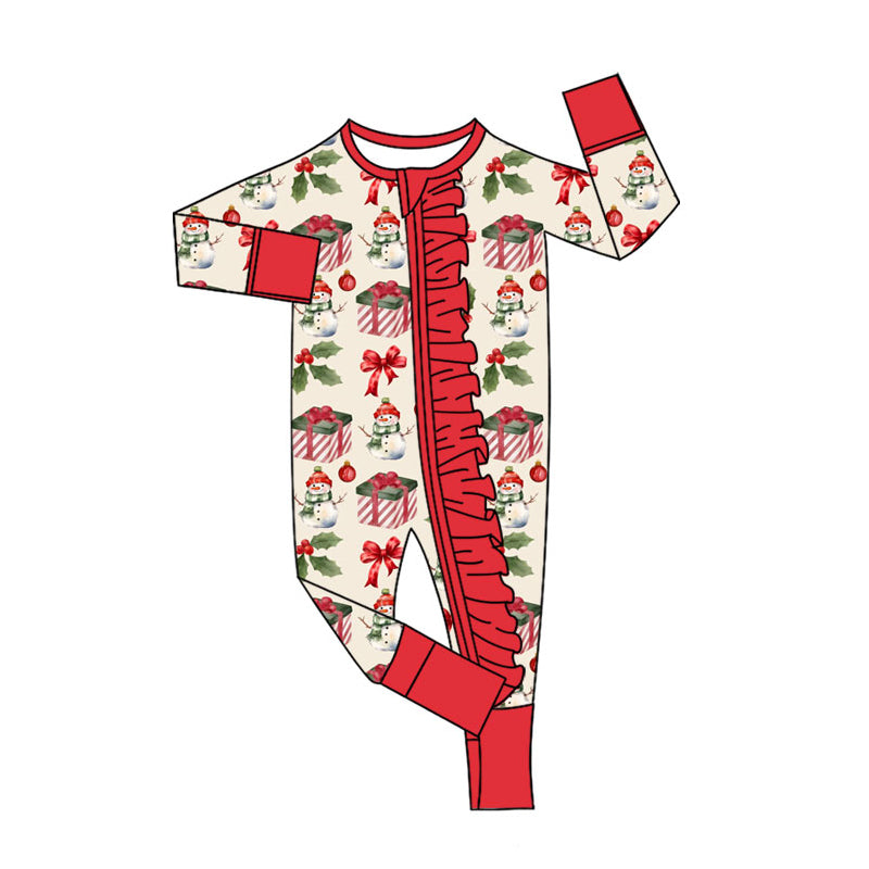 (Pre-order)LR2617 Snowman Holly Print Baby Girls Christmas Zipper Sleeper Romper