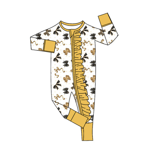 (Pre-order)LR2619 Gold Bows Print Baby Girls Happy New Year Zipper Sleeper Romper