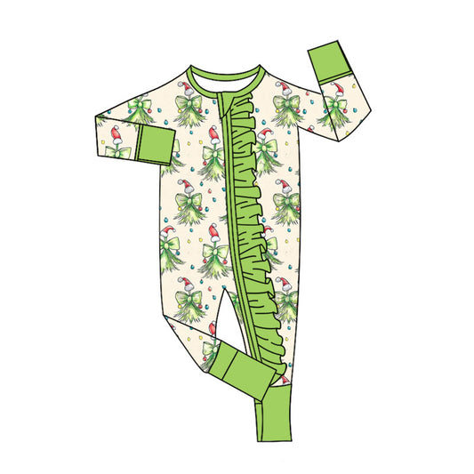 (Pre-order)LR2621 Tree Bows Print Baby Girls Christmas Zipper Sleeper Romper