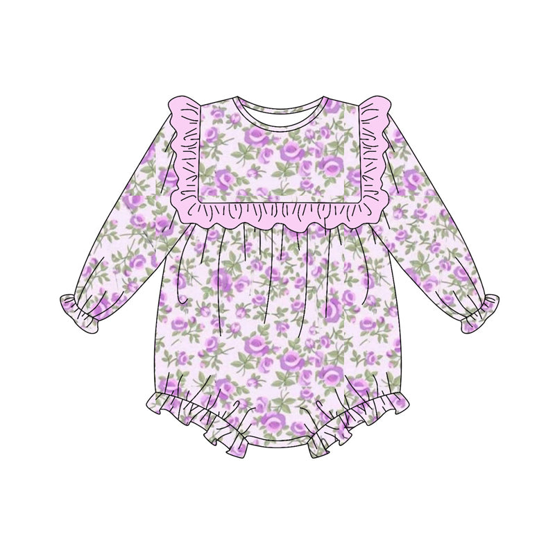 (Pre-order)LR2624 Purple Flowers Print Baby Girls Fall Romper