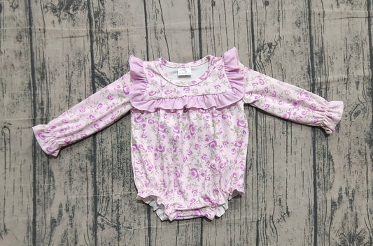 (Pre-order)LR2624 Purple Flowers Print Baby Girls Fall Romper