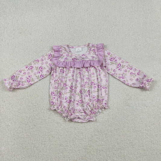 LR2624 Purple Flowers Print Baby Girls Ruffle Romper