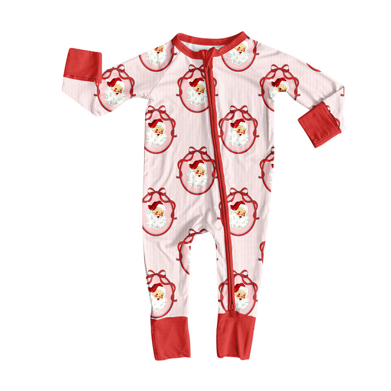 (Pre-order)LR2626 Santa Bows Print Baby Girls Christmas Zipper Sleeper Romper