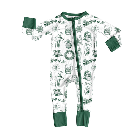 (Pre-order)LR2627 Deer Santa Green Print Baby Girls Christmas Zipper Sleeper Romper