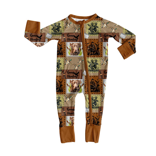 (Pre-order)LR2628 Dog Duck Hunting Print Baby Boys Fall Zipper Sleeper Romper
