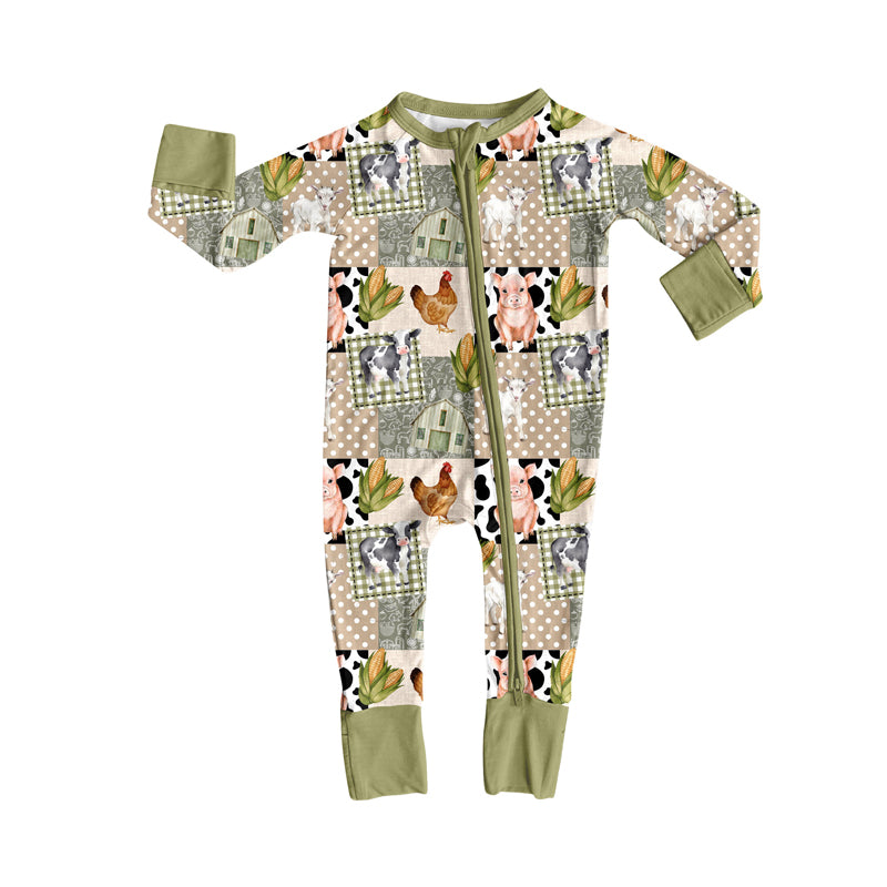 (Pre-order)LR2629 Farm Animals Print Baby Boys Fall Zipper Sleeper Romper