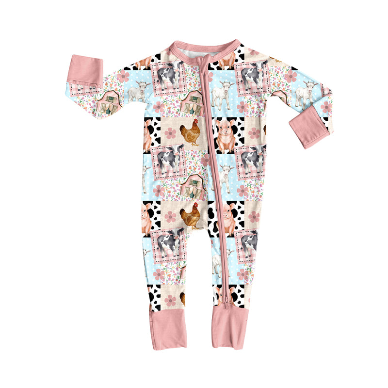 (Pre-order)LR2630 Farm Animals Print Baby Girls Fall Zipper Sleeper Romper