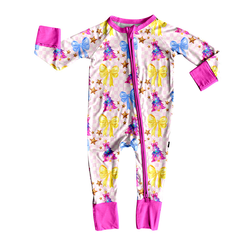 (Pre-order)LR2631 Bows Tree Stars Print Baby Girls Happy New Year Zipper Sleeper Romper
