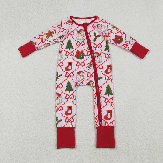 LR2632 Santa Gringerbread Bows Print Baby Girls Christmas Zipper Sleeper Romper