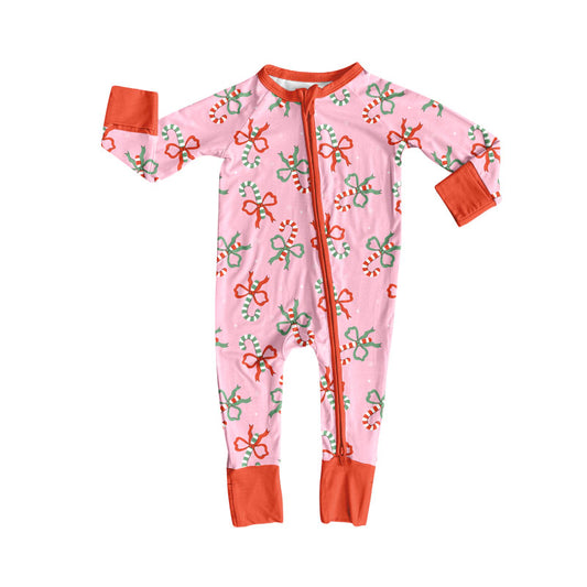 (Pre-order)LR2634 Candy Cane Bows Print Baby Girls Christmas Zipper Sleeper Romper