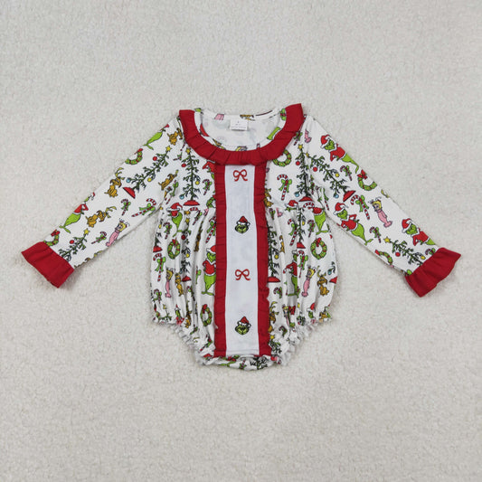 LR2635 Green Frog Bows Embroidery Print Baby Girls Christmas Romper