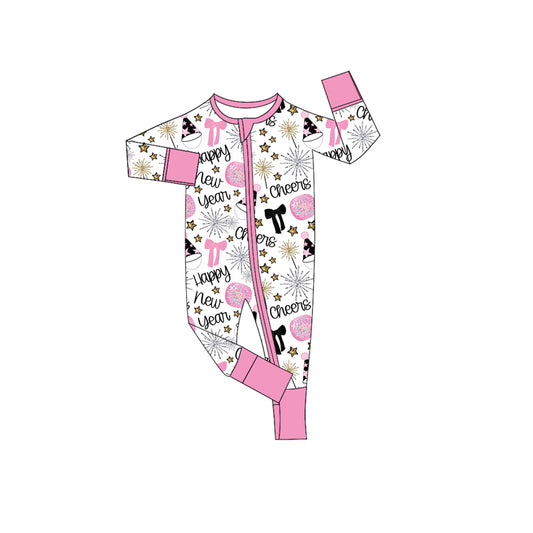 (Pre-order)LR2636 Stars Bows Print Baby Girls Happy New Year Zipper Sleeper Romper