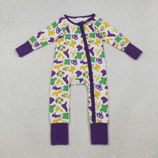 LR2637 Crocodile Mask Camo Print Baby Mardi Gras Zipper Sleeper Romper